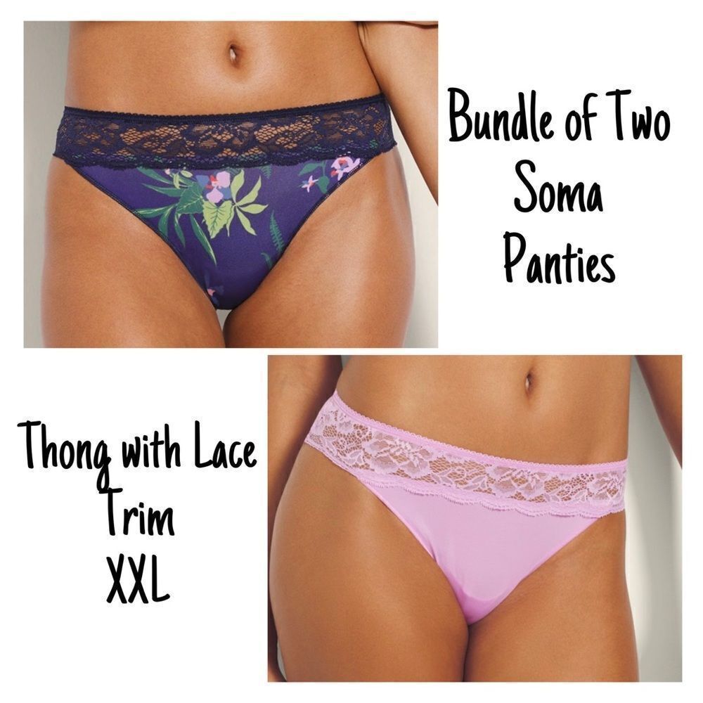 NWT New Sealed Soma Lot of Two (2) Vanishing Edge Thong Panties w/Lace Trim XXL